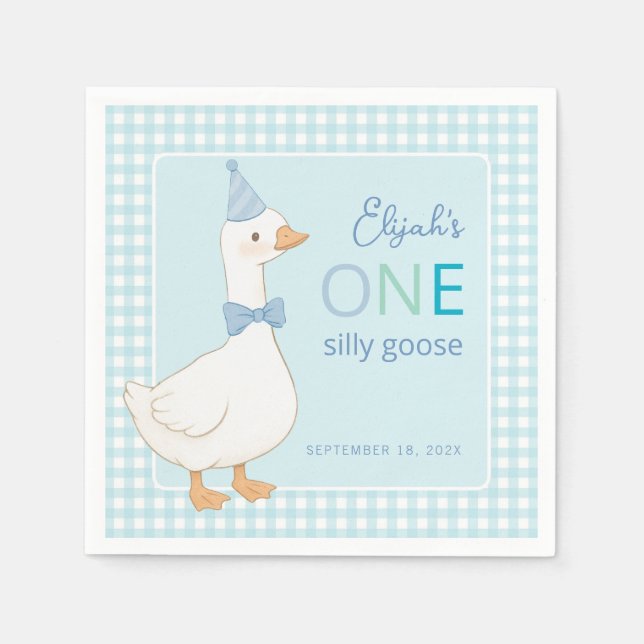 Serviette En Papier Un sot Goose Blue Plaid Boy 1er fête d'anniversair (Devant)