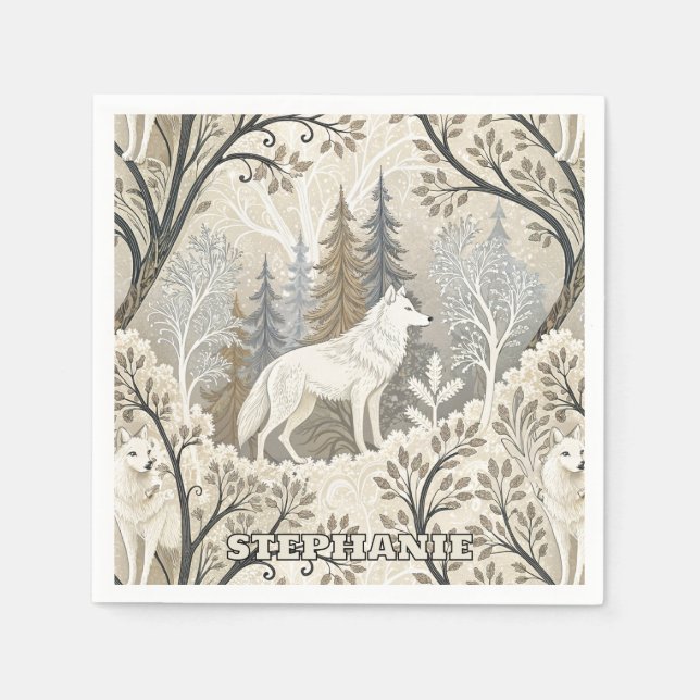 Serviette En Papier Une forêt d'hiver paisible avec des loups blancs (Devant)