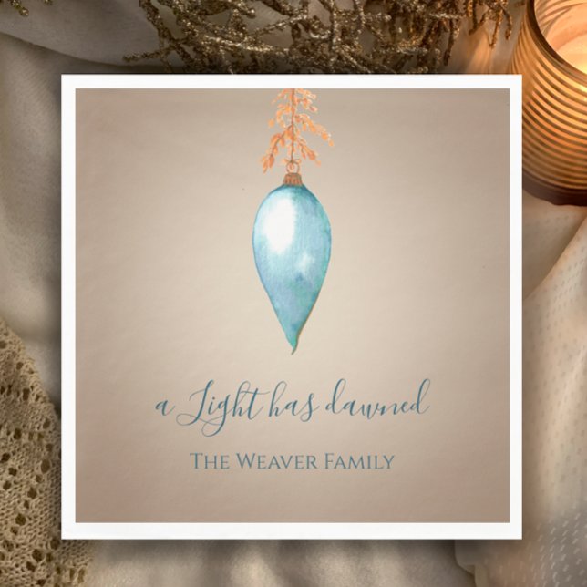 Serviette En Papier Une Lumière Est Apparue | Noël personnalisé Waterc (Customize my original minimalist watercolor blue bauble Christmas dinner napkin. A Light has dawned.)