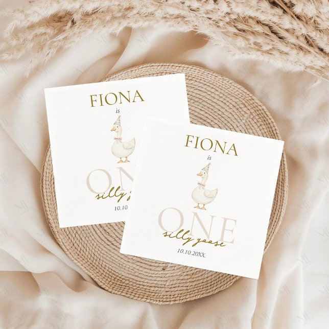 Serviette En Papier Une oie bête En vichy 1er anniversaire (One Silly Goose 1st Birthday Napkins Farm Animals Cute Theme Custom Personalized)