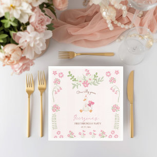 Serviette En Papier Une Oie Folle Vintage Canard Rose 1er Anniversaire