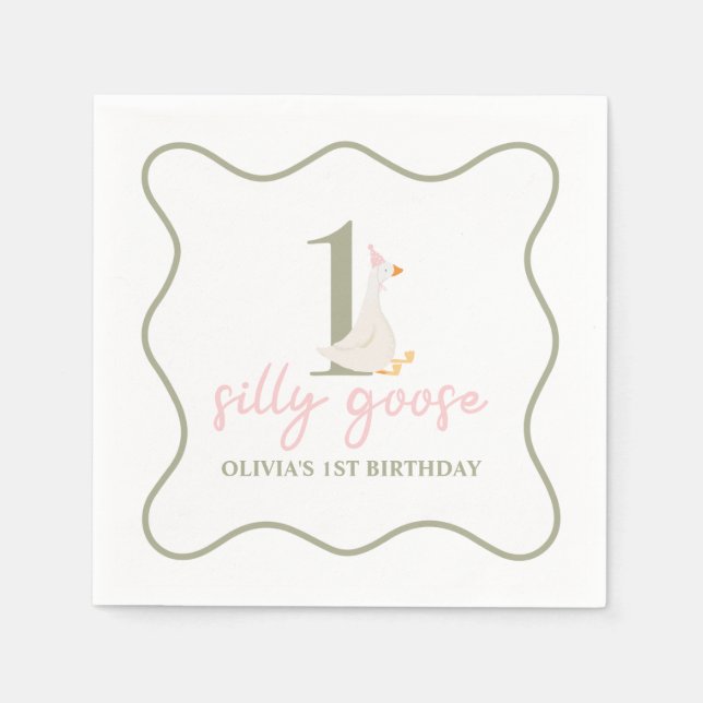 Serviette En Papier Une oie sotte rose et vert (Devant)