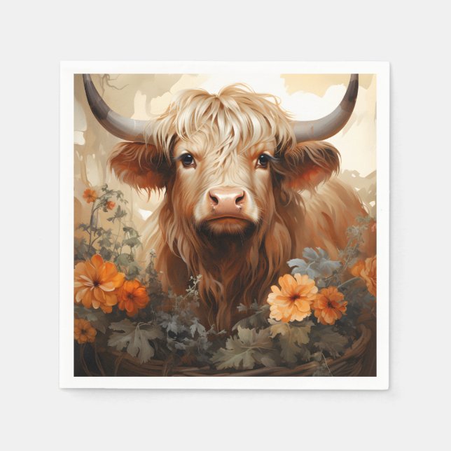Serviette En Papier Une série Florale Highland Cow Design 2 (Devant)