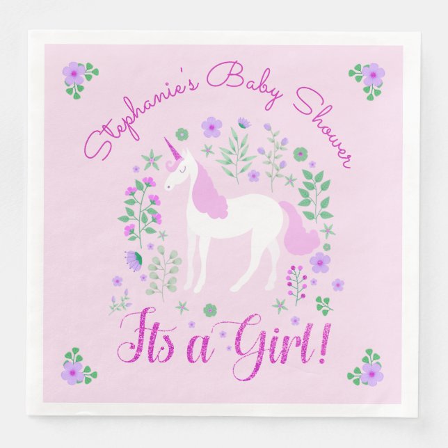 Serviette En Papier Unicorn C'Est Une Fille Baby shower Rose Personnal (Devant)