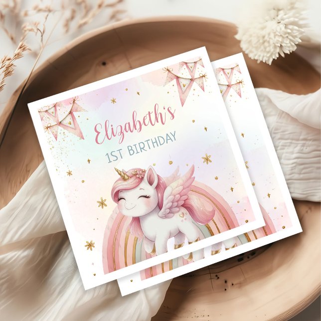 Serviette En Papier Unicorn Rainbow Pink Gold Pastel Birthday (Créateur téléchargé)