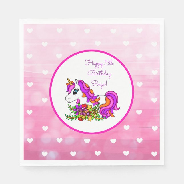 Serviette En Papier Unicorne violette personnalisée Joyeux anniversair (Devant)