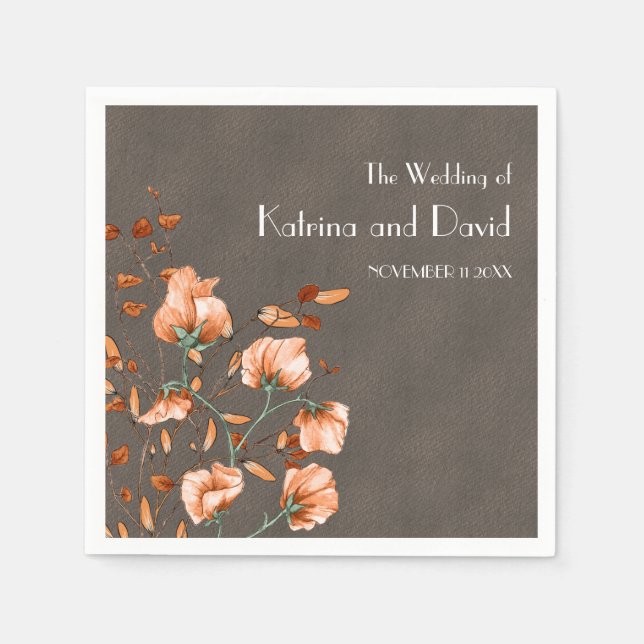 Serviette En Papier Urbain Gris Rustique Brûlé Orange Floral Mariage d (Devant)