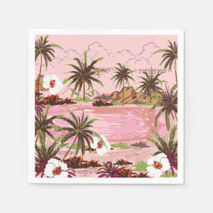 Serviette En Papier Usines tropicales de paumes d'île et mer rose