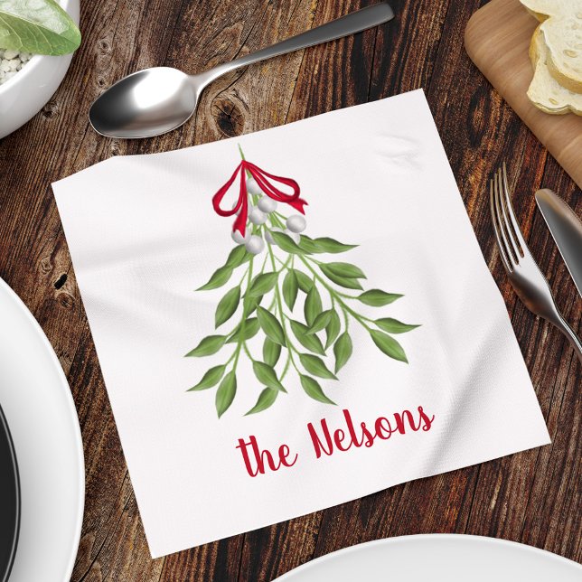 Serviette En Papier Vacances Berries rouges Botanique Verdure Noël (Christmas merry mistletoe watercolor simple customized calligraphy napkin. )