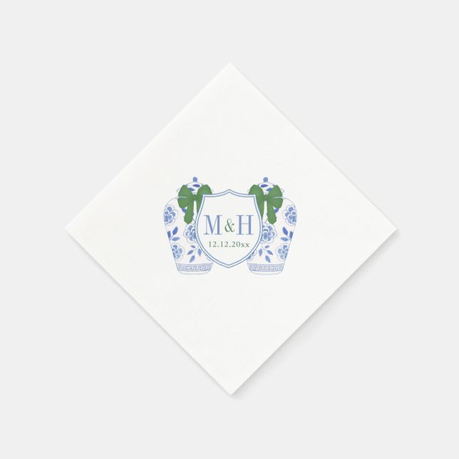 Serviette En Papier Vacances Bleues Vertes Monogramme Crest Mariage (Coin)