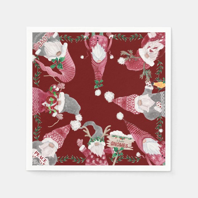 Serviette En Papier Vacances Burgundy Gnomes Noël Fête Aquarelle (Devant)