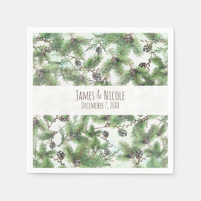 Serviette En Papier Vacances Green & Pine Cônes Pays Mariage d'hiver (Devant)