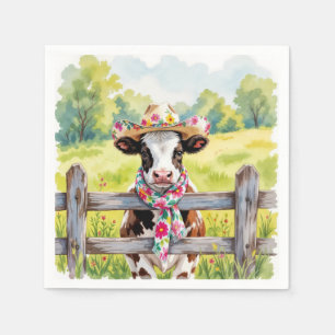 Serviette En Papier Vache à l'aquarelle portant un chapeau d'été