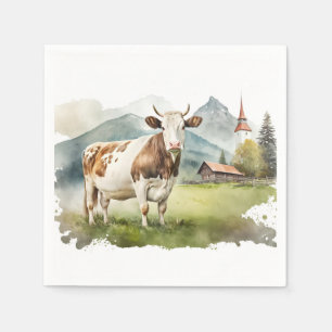 Serviette En Papier Vache Aquarelle Dans La Vallée De La Montagne