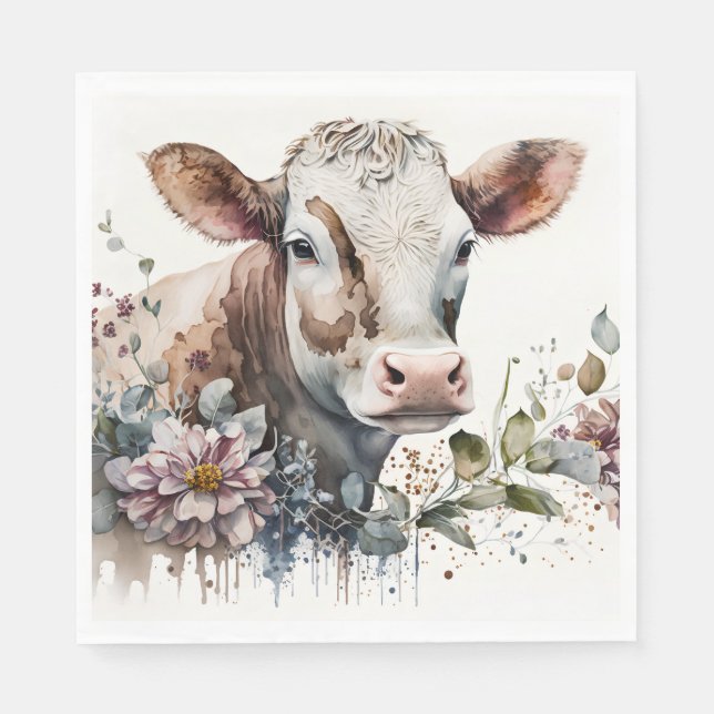 Serviette En Papier Vache d'aquarelle en Fleur sauvage (Devant)