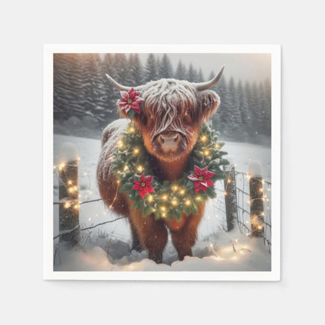 Serviette En Papier Vache de Noël de Highland portant une couronne (Devant)