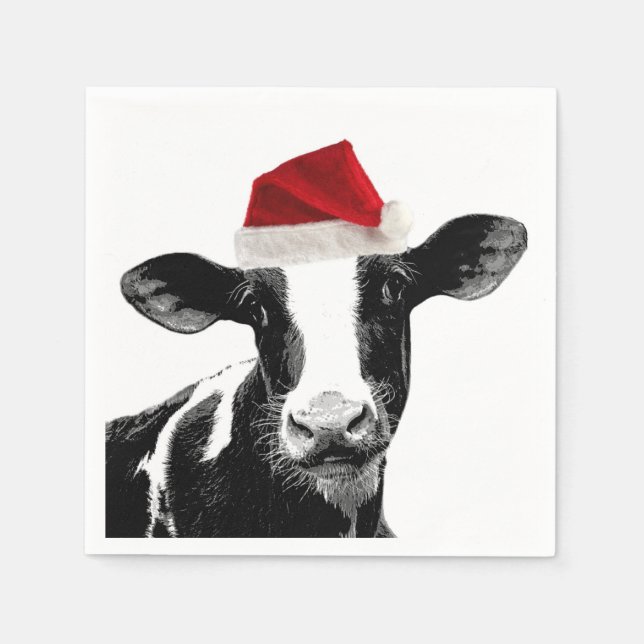 Serviette En Papier Vache de Noël portant le chapeau de Noël (Devant)