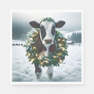 Serviette En Papier Vache de Noël portant une couronne