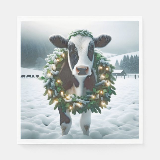 Serviette En Papier Vache de Noël portant une couronne (Devant)