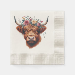 Serviette En Papier Vache des hautes terres mignonne, florale/printani