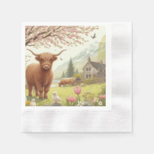 Serviette En Papier Vache des hautes terres mignonne, florale/printani