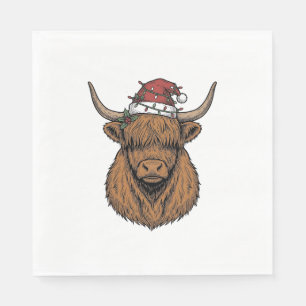 Serviette En Papier Vache des Highlands de Noël Gravure Vintage Chapea