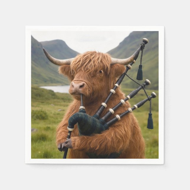 Serviette En Papier Vache des Highlands jouant de la cornemuse (Devant)