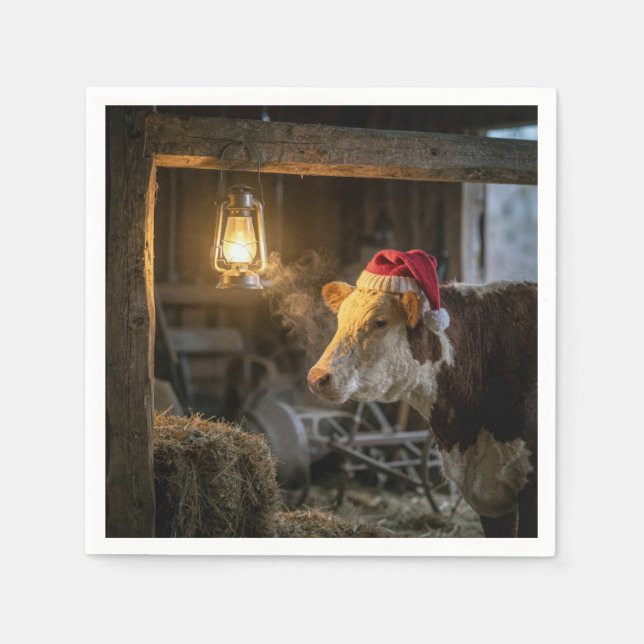 Serviette En Papier Vache Hereford de Noël dans une grange (Devant)