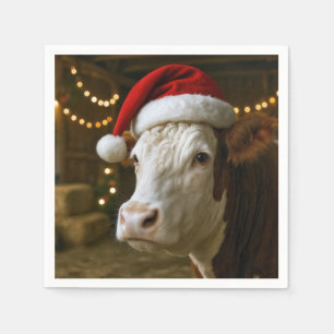 Serviette En Papier Vache Hereford de Noël portant un chapeau de Père