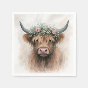 Serviette En Papier Vache Highland de mariage portant une couronne flo