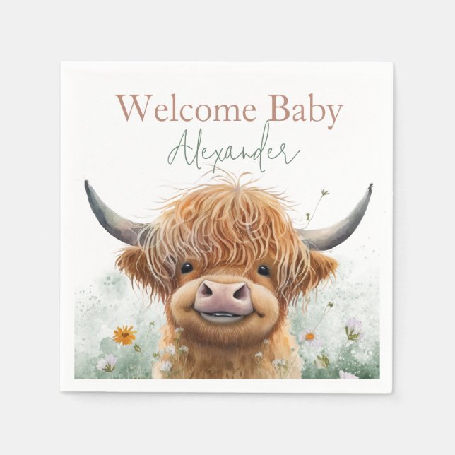 Serviette En Papier Vache Highland florale verte bienvenue serviettes  (Devant)