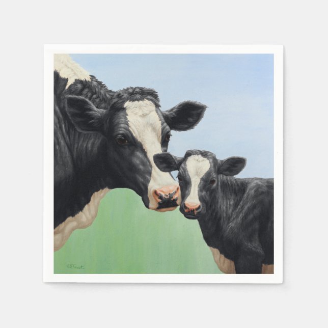 Serviette En Papier Vache Holstein noire et veau mignon (Devant)