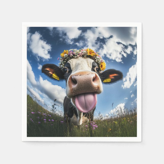 Serviette En Papier Vache joyeuse en fleur (Devant)