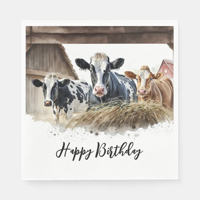 Serviette En Papier Vaches aquarelle d'anniversaire avec foin (Devant)