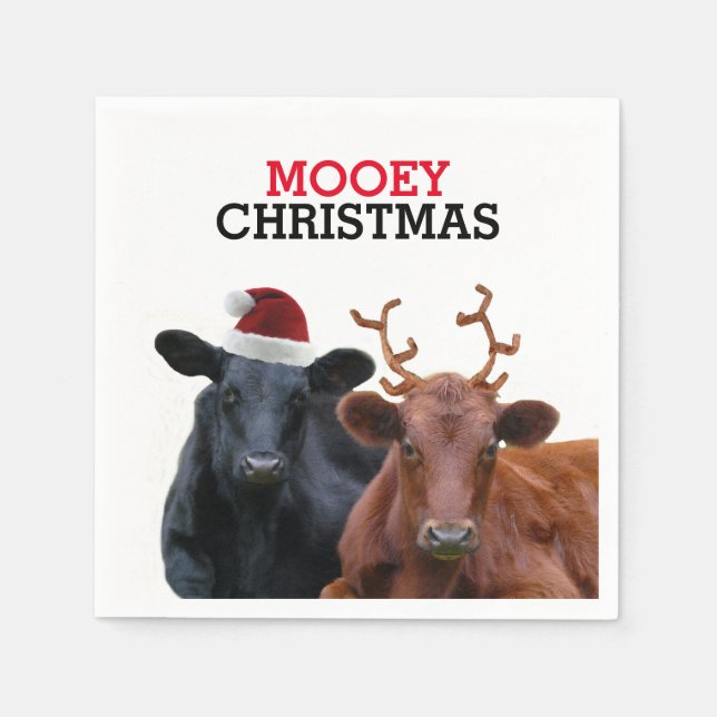 Serviette En Papier Vaches de Noël portant le chapeau du Père Noël et  (Devant)