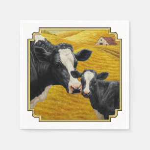 Serviette En Papier Vaches Holstein et vieille grange en bois
