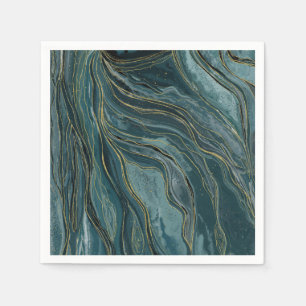 Serviette En Papier Vagues Abstraites Aquarelle Bleu Turquoise Or