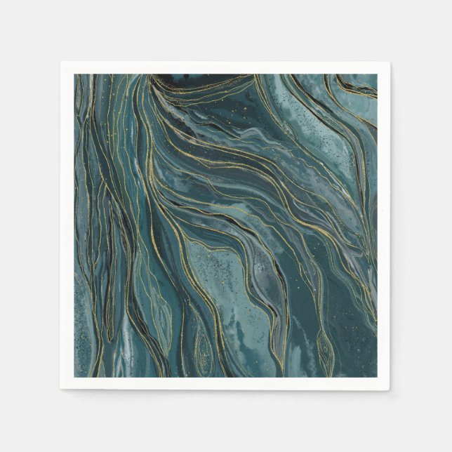 Serviette En Papier Vagues aquarelles abstraites bleu sarcelle or (Devant)