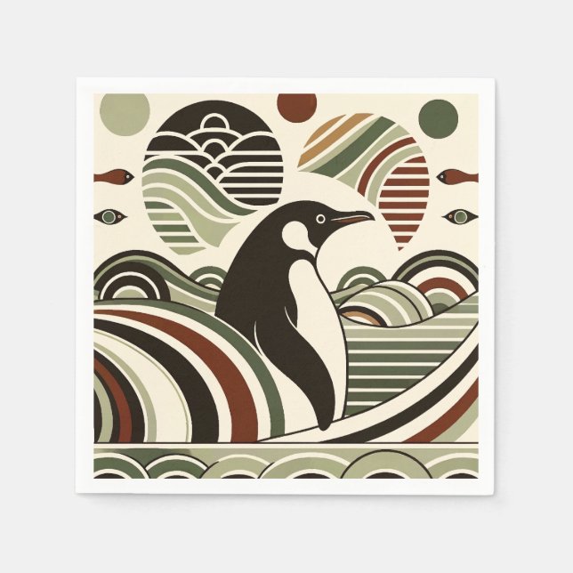 Serviette En Papier Vagues De Pingouin De Maroon Vert Crème Olive Art  (Devant)