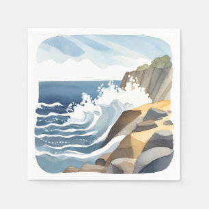 Serviette En Papier Vagues déferlantes Rivage côtier rocheux Aquarel