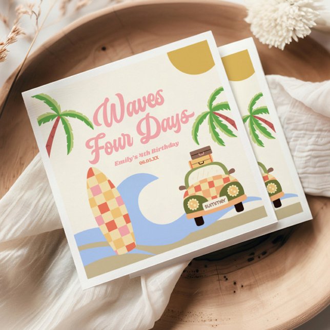 Serviette En Papier Vagues quatre jours Surf rose 4e anniversaire fête (Créateur téléchargé)