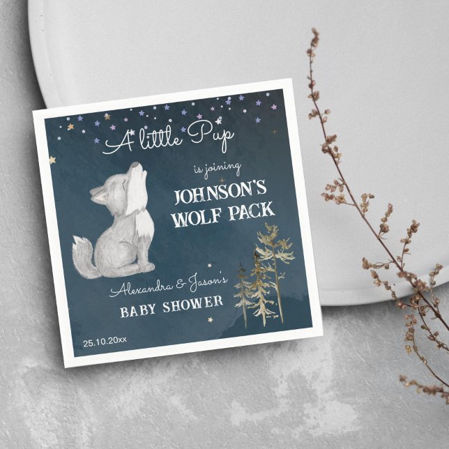 Serviette En Papier Vaisselle de baby shower à thème pour petits loups (Little wolf themed baby shower tableware personalized napkins cute wolf cub howling starry night)