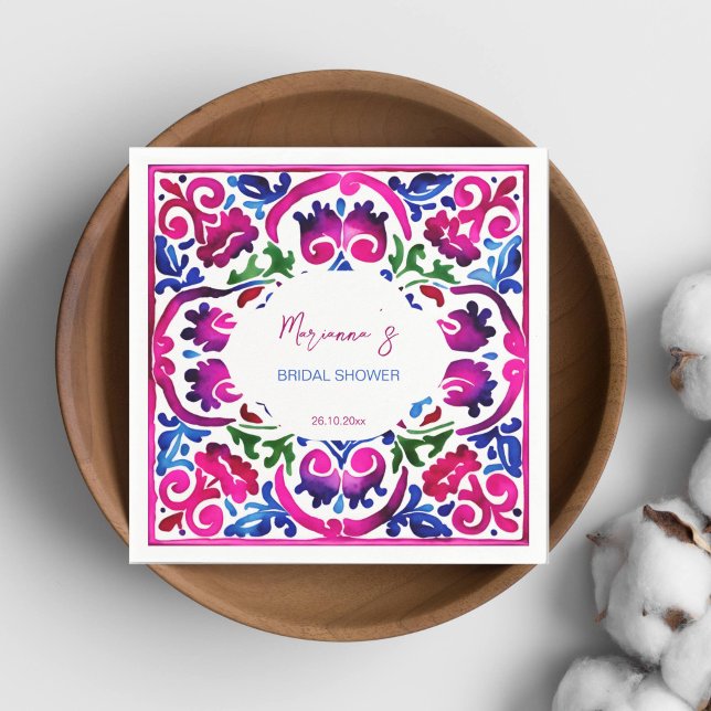 Serviette En Papier Vaisselle de table pour baby shower avec carreaux  (Magenta pink blue Mexican Spanish Talavera tiles bridal shower tableware personalized napkins fiesta)