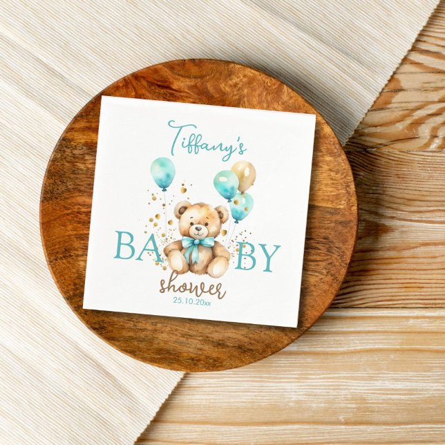 Serviette En Papier Vaisselle en baby shower en peluche mignonne aqua  (Teddy bear baby shower personalized napkins cute fluffy teddy with balloons napkins aqua blue gold)