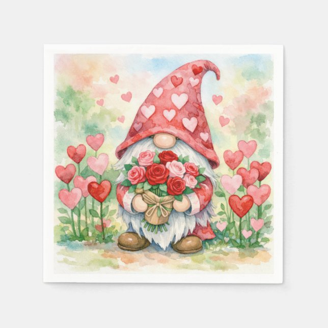 Serviette En Papier Valentine Gnome with Red Roses (Devant)