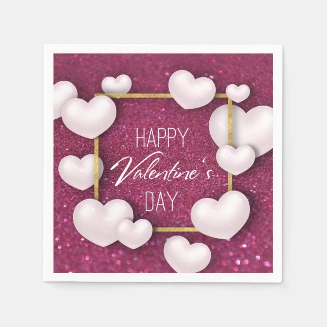 Serviette En Papier Valentine's Day White Hearts Parties scintillant P (Devant)