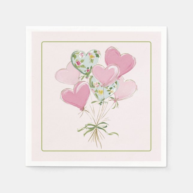Serviette En Papier Valentine's Heart Pink and Green Heart Balloons (Devant)