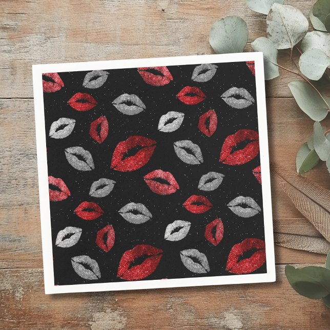 Serviette En Papier Valentines Red Silver Glitter Lips on Black  (Créateur téléchargé)
