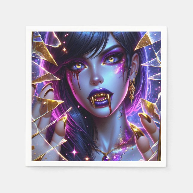 Serviette En Papier Vampire avec yeux d'or et dents Halloween (Devant)