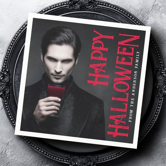 Serviette En Papier Vampire séduisant buvant du sang à une fête d'Hall (Handsome vampire drinking blood Halloween party Napkins)